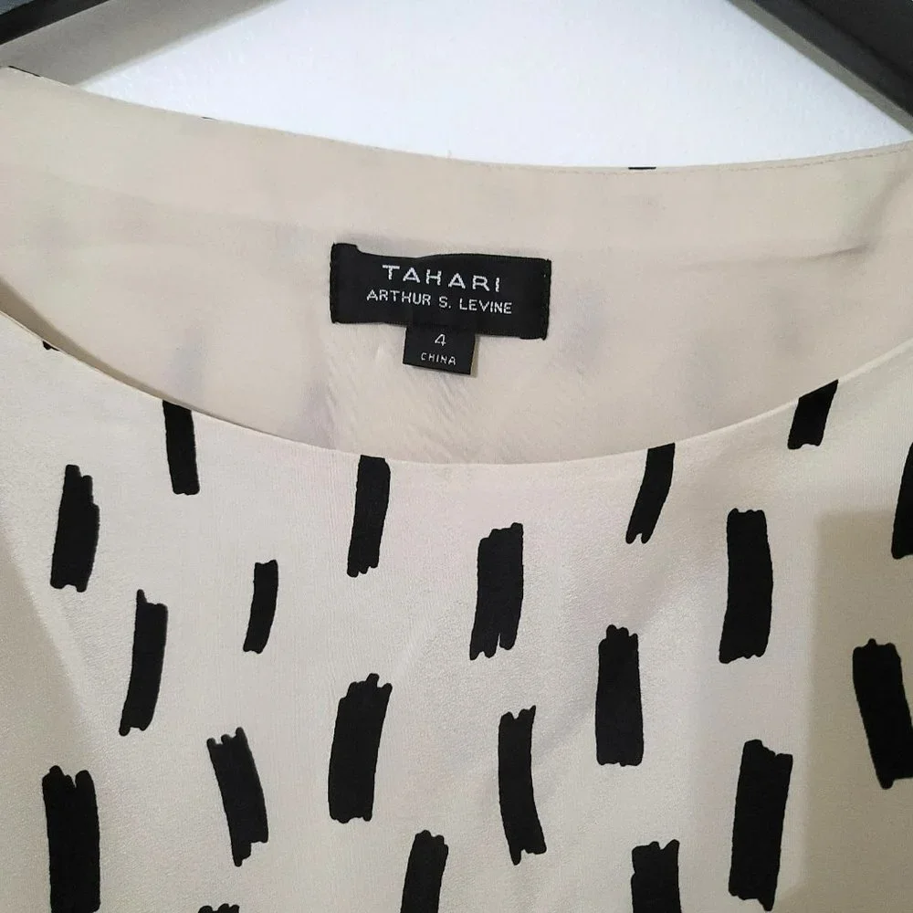 Tahari‎ ASL Arthur S Levine Dress 4 Black Cream Print Shift Short Sleeve Career
